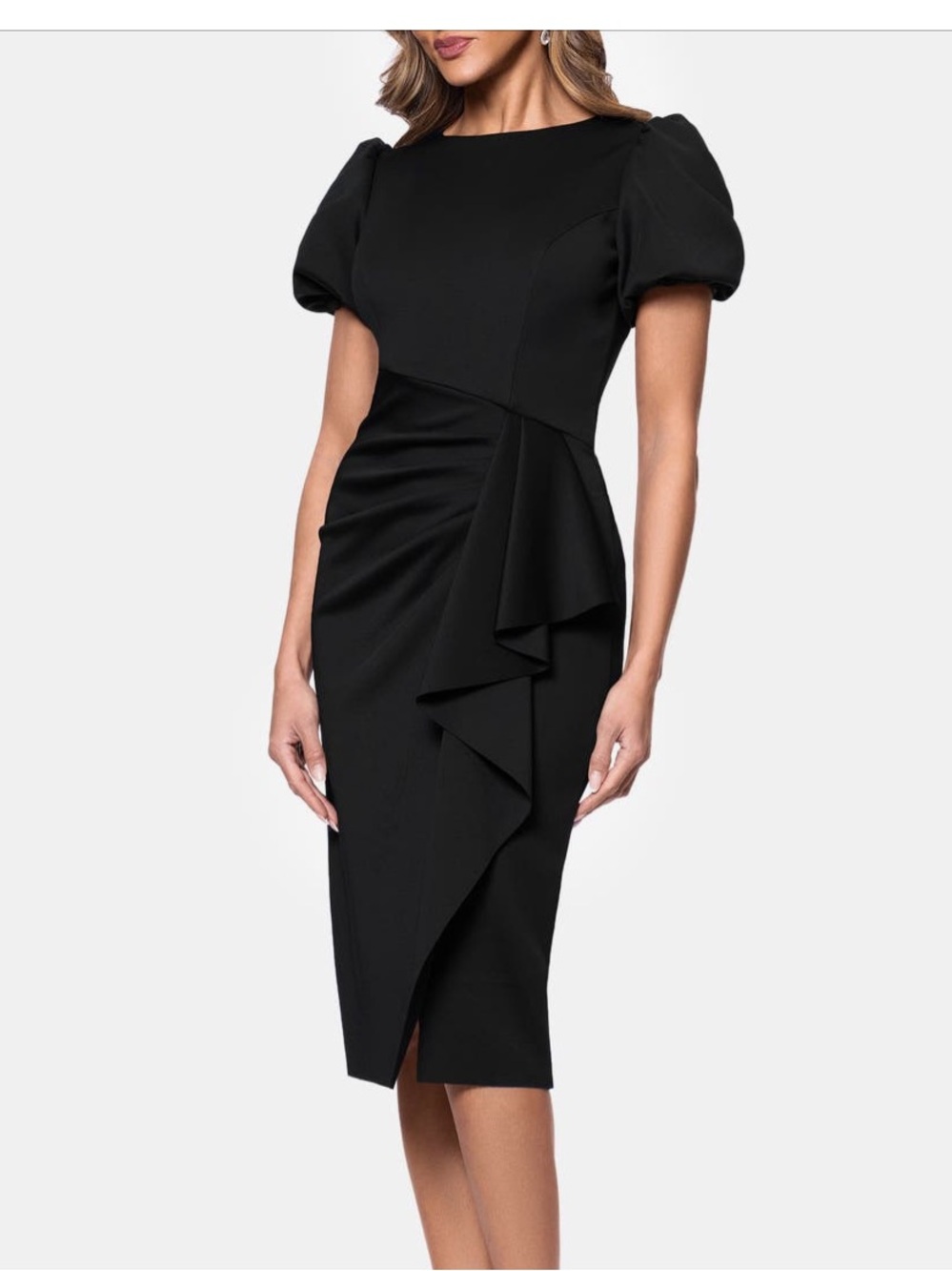XSCAPE draped puff-sleeve cocktail sheath dress black stretch size 6 NWT